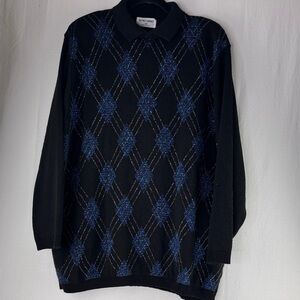 Alfred Dunner Black and Blue Argyle Crewneck Sweater